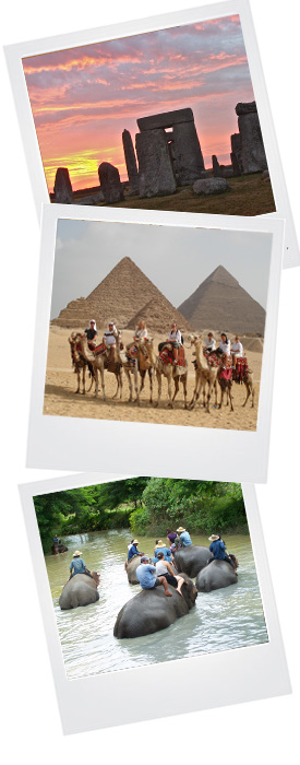 Polaroid looking photo framing Stonehenge and pyramids