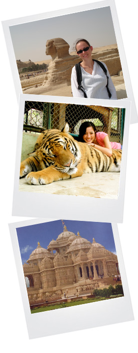 Polaroid looking framing of students abroad and the Taj Mahal